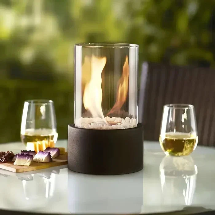 Portable Tabletop Fire Lantern with Glass Cylinder for Indoor Outdoor Ambient Lighting | Gas Fuel Flame Accent Décor for Patio Dining Living
