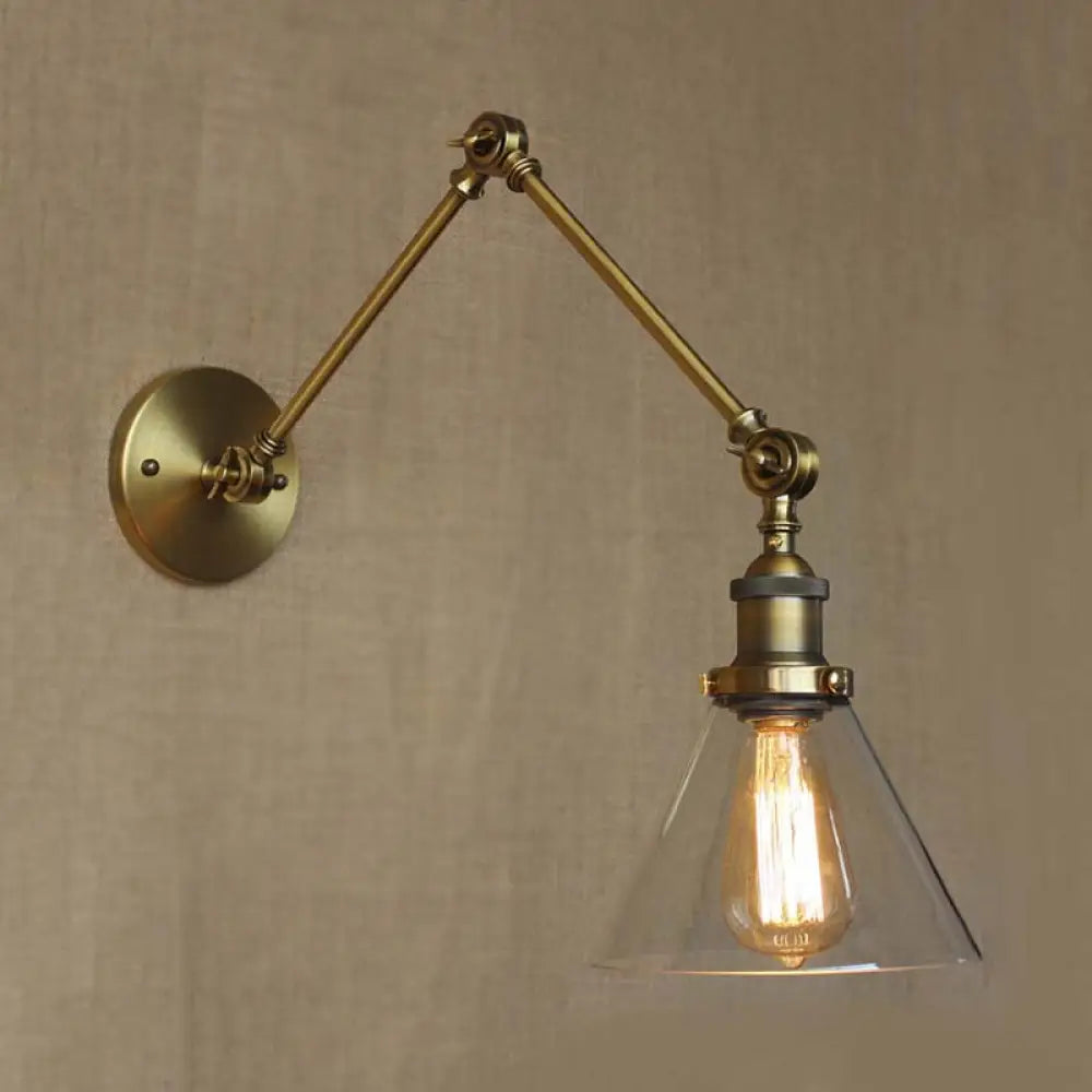 Adjustable Swing Arm Wall Lamp with Tapered Clear Glass Shade – Industrial Style Sconce for Bedroom, Hallway & Den