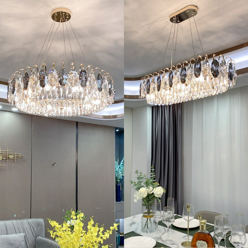Dimmable Crystal Chandelier for Dining Room & Living Room – Adjustable Chain, Faceted Prisms, Multiple Sizes – Round & Rectangle