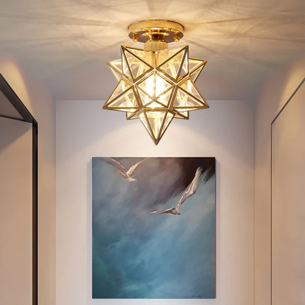Star Flush Mount Ceiling Fixture Gold Metal 8 Inch E27 Socket for Bedroom Hallway Entry Compact Geometric Lighting Modern Home Decor
