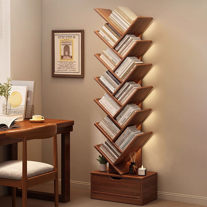 Modern Geometric Storage Tower Shelf Unit 6-12 Open Tiers Walnut Natural Wood for Living Room Study Den Small Spaces