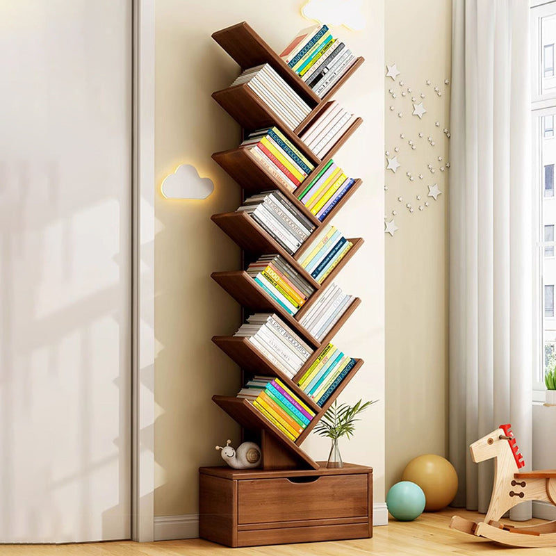 Modern Geometric Storage Tower Shelf Unit 6-12 Open Tiers Walnut Natural Wood for Living Room Study Den Small Spaces