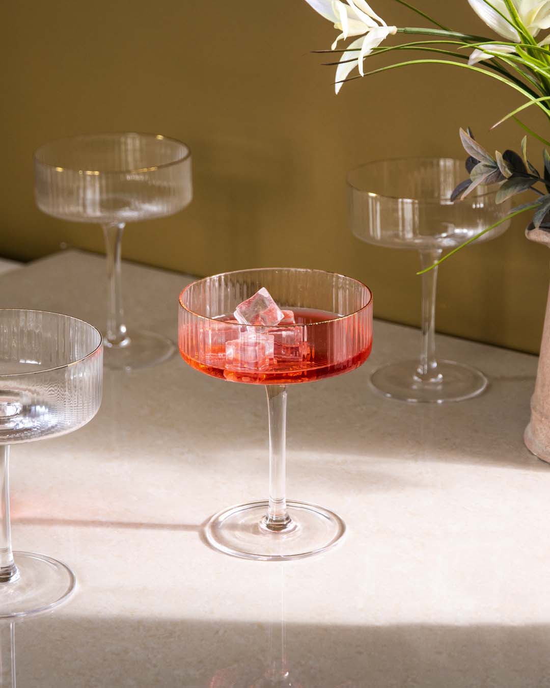 Ribbed Coupe Cocktail Glasses Set of 6 – Elegant Stemless Martini Dessert Serving Glasses for Parties Weddings Entertaining