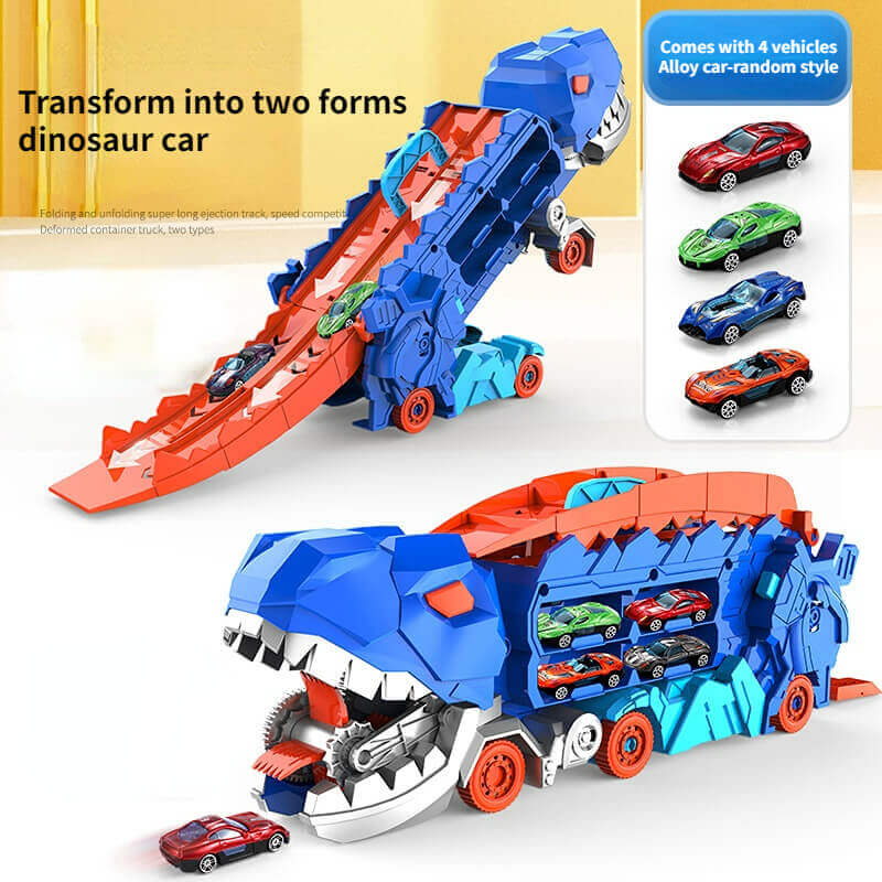 Dinosaur Carrier Truck with Race Track & Die-Cast Cars for Kids - 3-in-1 Transforming T-Rex Hauler for Boys & Girls