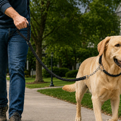 Ortekor Heavy-Duty Braided Dog Leash with Chain-Control Collar for Strong Pullers - Daily Walking & Training