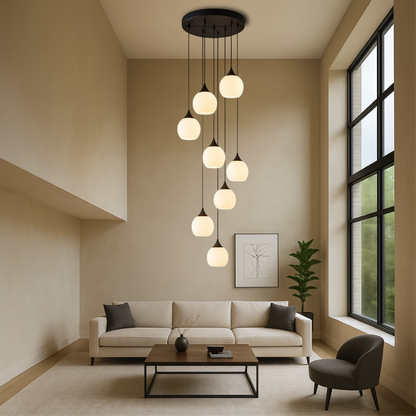 Multi-Drop Glass Globe Stairwell Fixture with Height-Adjustable Cable System for Vertical Spaces Black LED Illumination Mezzanine Entryway F