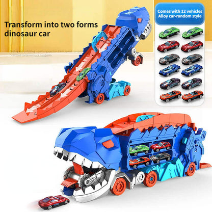 Dinosaur Carrier Truck with Race Track & Die-Cast Cars for Kids - 3-in-1 Transforming T-Rex Hauler for Boys & Girls