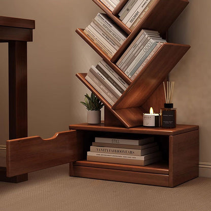 Modern Geometric Storage Tower Shelf Unit 6-12 Open Tiers Walnut Natural Wood for Living Room Study Den Small Spaces