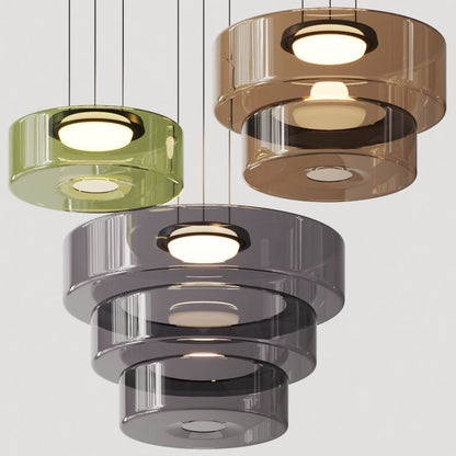 Tiered Glass Hanging Fixture 18 in Amber with Integrated LED for Island Kitchens Dining Areas Living Spaces Modern Minimalist Bauhaus-Inspir