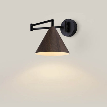 Swing Arm Wall Sconce with Conical Shade for Bedside Reading, Adjustable Iron Fixture in Walnut Finish, E26 Base, Bedroom Task Light