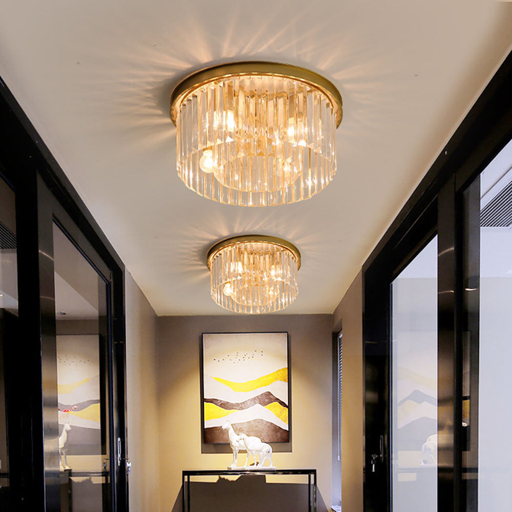 Flush Mount Crystal Chandelier 16 Inch Gold Round Overhead Light for Entryway Bedroom Dining Room 4-Bulb Semi-Flush Fixture Metallic Frame
