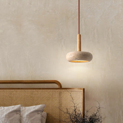 Japanese-Inspired Pendant Light with Yellow Travertine Shade & Wood Accent – Integrated LED Ceiling Fixture for Living Room, Bedroom
