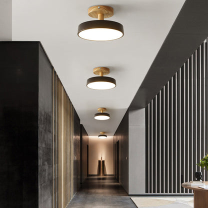 Wood & Metal Flush Mount Ceiling Light | Soft Color LED Fixture for Bedroom, Hallway & Living Room | 12W Scandinavian Style | Modern