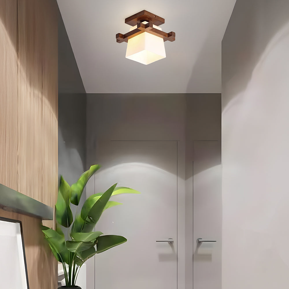 Square Flush Mount Ceiling Light Fixture with Wood Accent, White Shade, E27 Socket for Bedroom, Hallway, Living Room, Minimalist Home Lighti