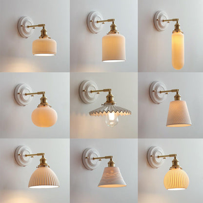 Pleated Shade Wall Sconce Lamp with Brass Arm for Bedroom Living Room & Study | Retro Japanese Style Ceramic Fixture