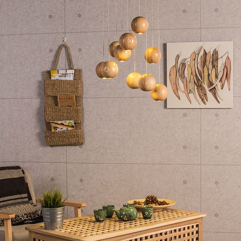 Natural Wood Sphere Pendant Light | Modern Globe Drop Ceiling Lamp for Kitchen Island, Dining Room, Living Room & Restaurant | Adjustable