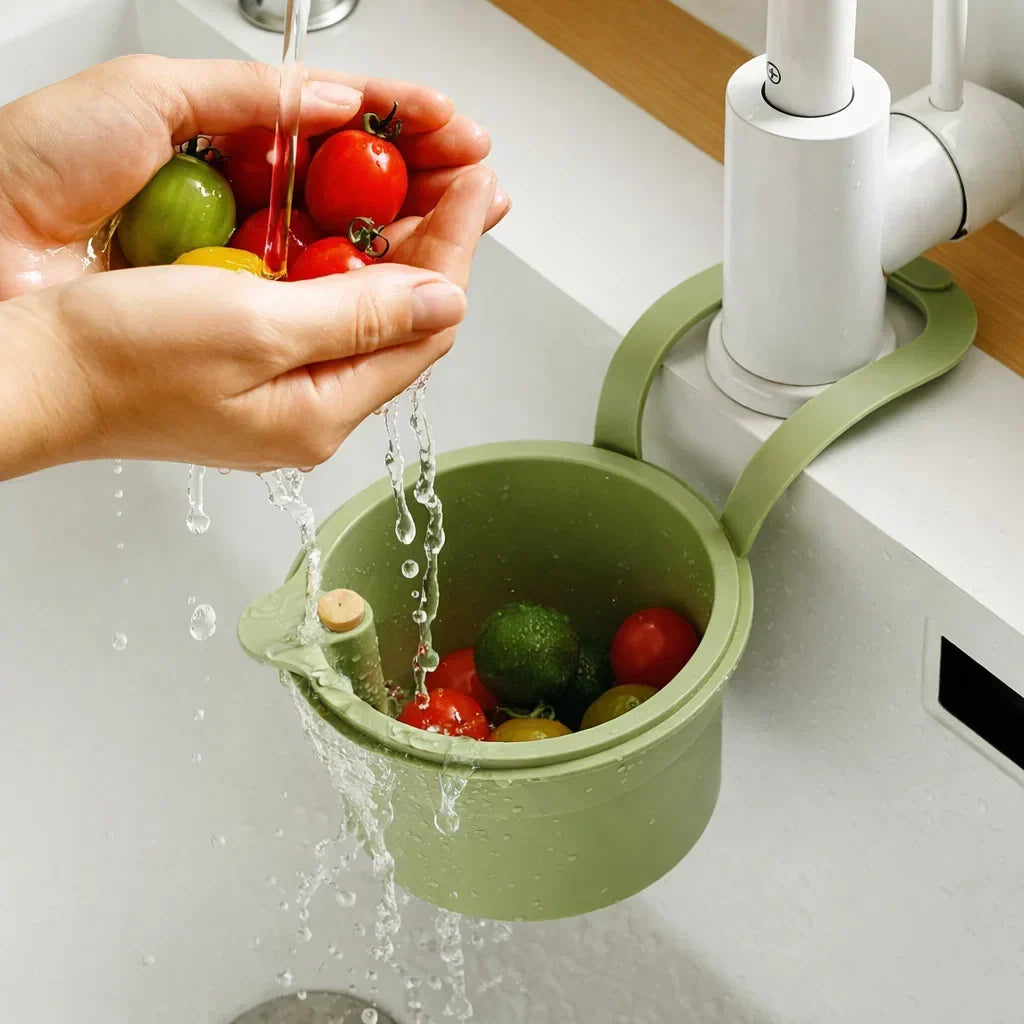 Over-Sink Colander Basket with Dual-Layer Filter for Produce Rinsing and Food Scrap Collection 8×6×5 Inches BPA-Free Kitchen Organizer