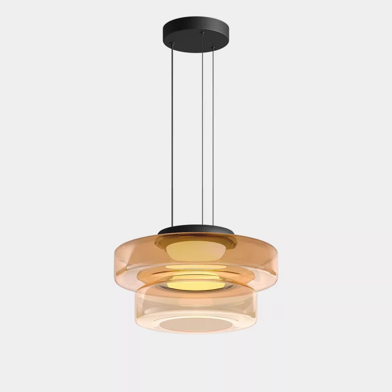 Tiered Glass Hanging Fixture 12 in Amber for Dining Tables Kitchen Islands Contemporary Statement Overhead Illumination
