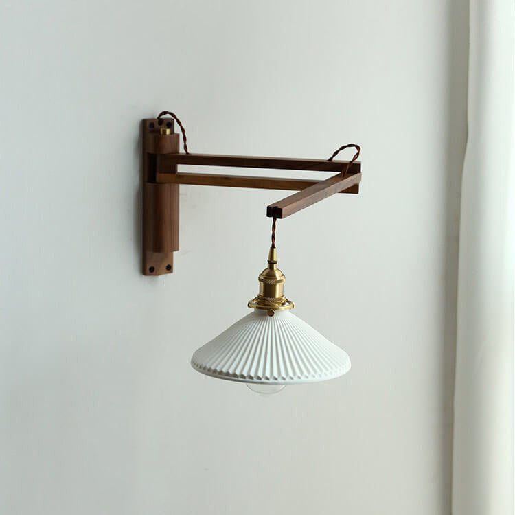 Extending Wall Sconce with Ribbed Glass Shade and Wood Arm for Bedroom, Living Room & Hallway Reading Light