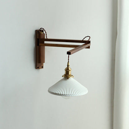 Swing-Arm Sconce with Ribbed Glass Shade 8.3 Inch Light Wood Walnut Brass Accent Fixture for Bedroom Hallway Entryway Reading Adjustable Mou