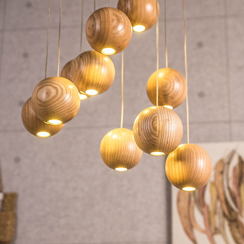 Natural Wood Sphere Pendant Light | Modern Globe Drop Ceiling Lamp for Kitchen Island, Dining Room, Living Room & Restaurant | Adjustable