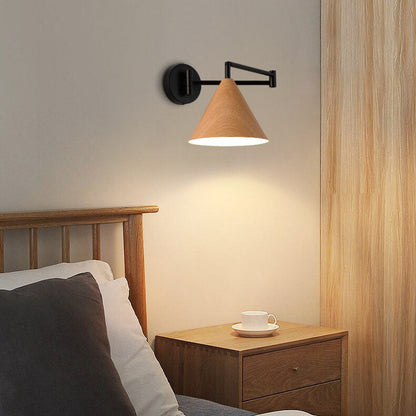 Swing Arm Wall Sconce with Conical Shade for Bedside Reading, Adjustable Iron Fixture in Walnut Finish, E26 Base, Bedroom Task Light