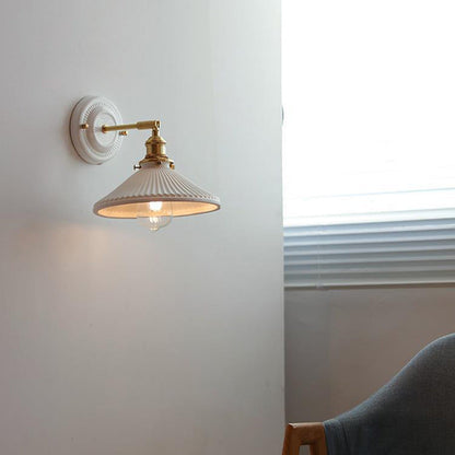 Pleated Shade Wall Sconce Lamp with Brass Arm for Bedroom Living Room & Study | Retro Japanese Style Ceramic Fixture