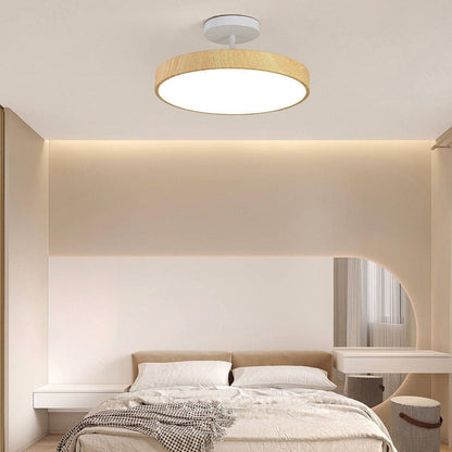 Round Iron Ceiling Light with Wood Grain Finish - Integrated LED Semi-Flush for Bedroom, Living Room & Hallway
