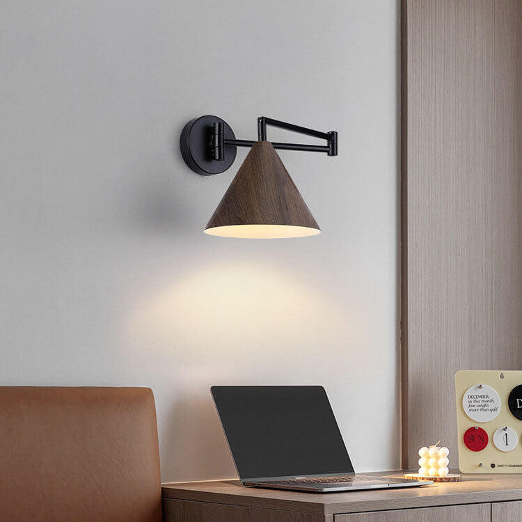Adjustable Swing Arm Wall Light with Tapered Metal Shade - Hardwired Single Bulb Fixture for Bedside Reading & Living Spaces