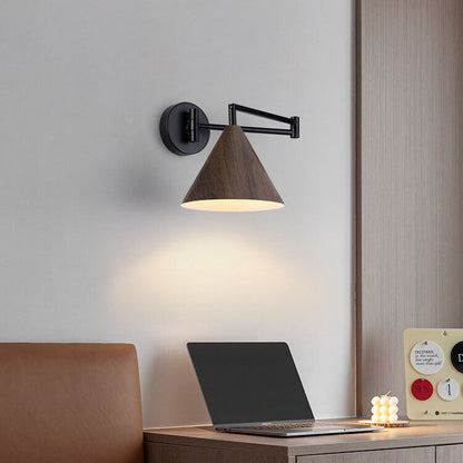 Adjustable Swing Arm Wall Light with Tapered Metal Shade - Hardwired Single Bulb Fixture for Bedside Reading & Living Spaces