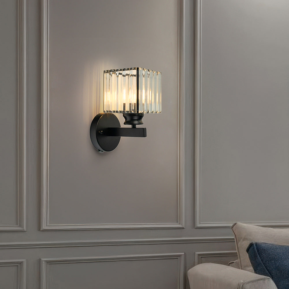 Metal & Glass Sconce Light 9.4 inches Black Textured Shade for Bedroom Hallway Living Room Ambient Lighting Fixture Modern Home Décor
