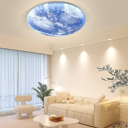 Round Flush Mount LED Ceiling Light with Lunar Surface Design Wood & Acrylic 19 in Diameter for Bedrooms Living Rooms Hallways Modern Ambien