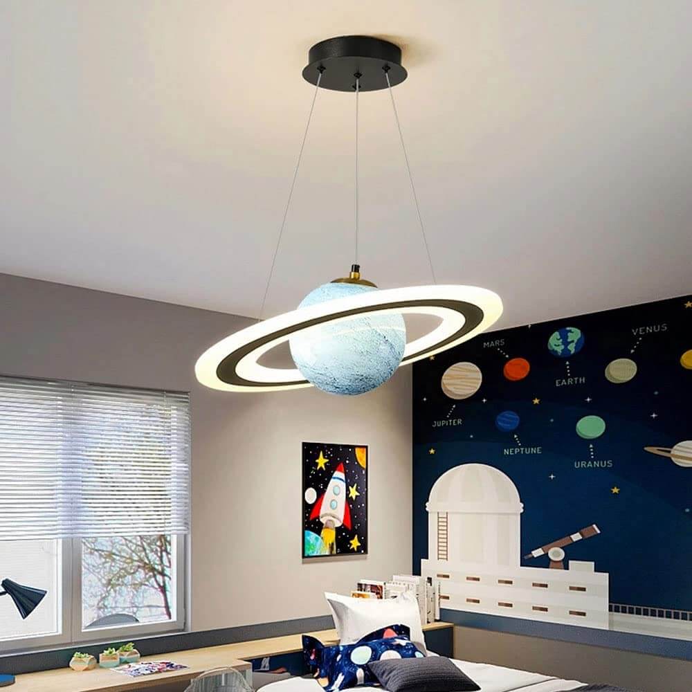 Hanging Space-Themed Fixture for Kids' Rooms Blue Acrylic Spherical Ceiling Lamp with LED Ring Light for Nursery Playroom Bedroom Decor Susp