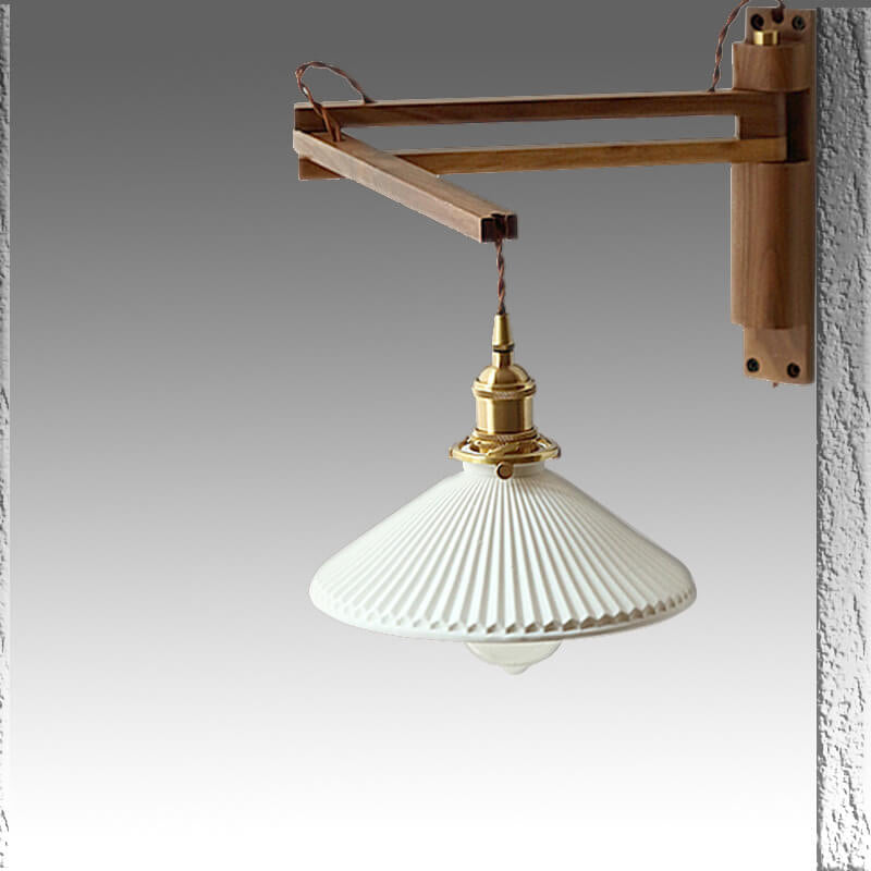 Swing-Arm Sconce with Ribbed Glass Shade 8.3 Inch Light Wood Walnut Brass Accent Fixture for Bedroom Hallway Entryway Reading Adjustable Mou