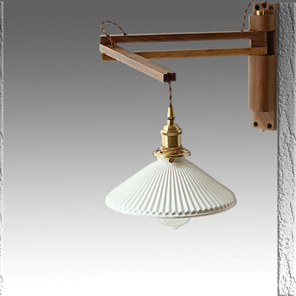 Swing-Arm Sconce with Ribbed Glass Shade 8.3 Inch Light Wood Walnut Brass Accent Fixture for Bedroom Hallway Entryway Reading Adjustable Mou