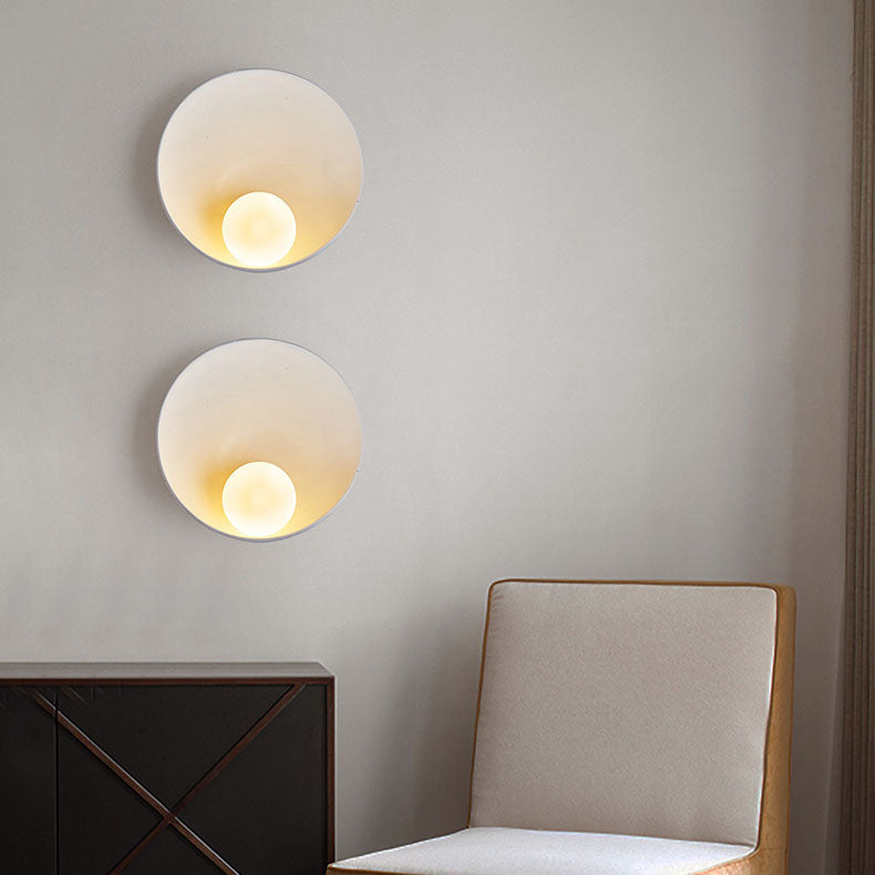 Frosted Globe Sconce Light 9-Inch Round Resin Fixture White Wood Finish Bedroom Hallway Soft G4 Bulb Socket Compact 5-Inch Depth