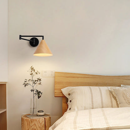 Swing Arm Wall Sconce with Conical Shade for Bedside Reading, Adjustable Iron Fixture in Walnut Finish, E26 Base, Bedroom Task Light