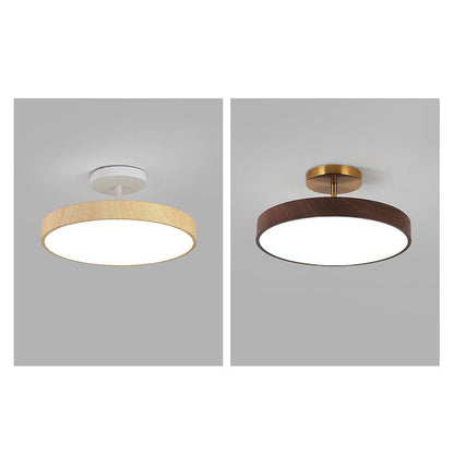 Round Iron Ceiling Light with Wood Grain Finish - Integrated LED Semi-Flush for Bedroom, Living Room & Hallway