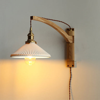 Extending Wall Sconce with Ribbed Glass Shade and Wood Arm for Bedroom, Living Room & Hallway Reading Light