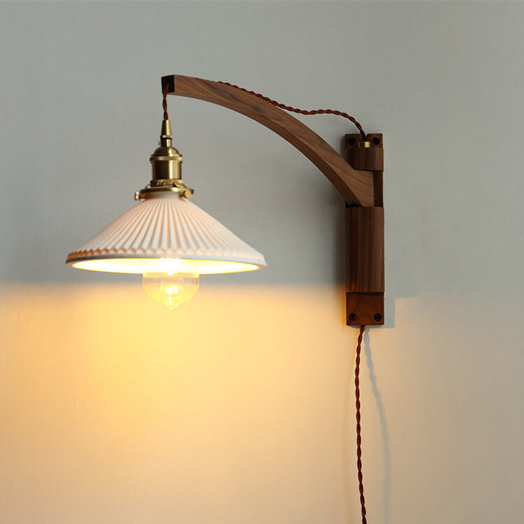 Extending Wall Sconce with Ribbed Glass Shade and Wood Arm for Bedroom, Living Room & Hallway Reading Light