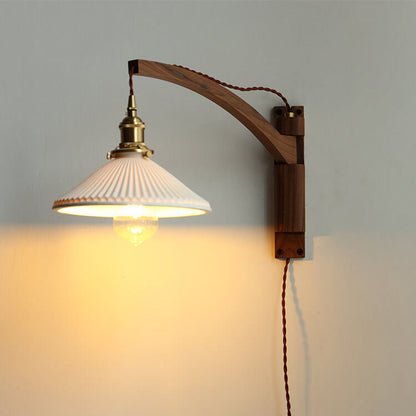 Extending Wall Sconce with Ribbed Glass Shade and Wood Arm for Bedroom, Living Room & Hallway Reading Light