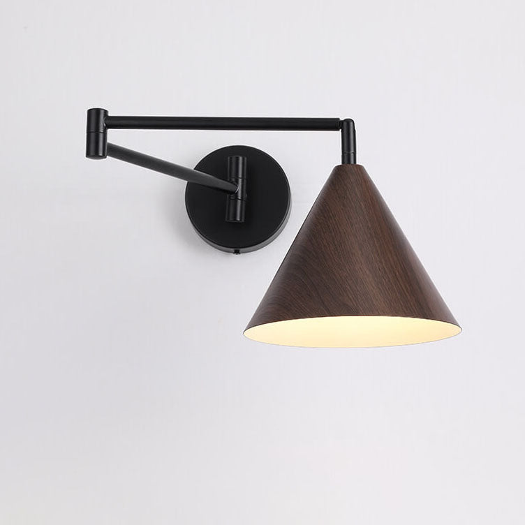 Swing Arm Wall Sconce with Conical Shade for Bedside Reading, Adjustable Iron Fixture in Walnut Finish, E26 Base, Bedroom Task Light