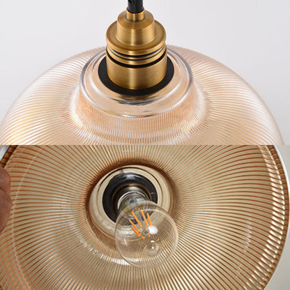 Glass Dome Pendant Light with Metal Frame for Dining Room & Bedroom – E27 Socket Industrial Style Hanging Fixture Clear or Amber Shade