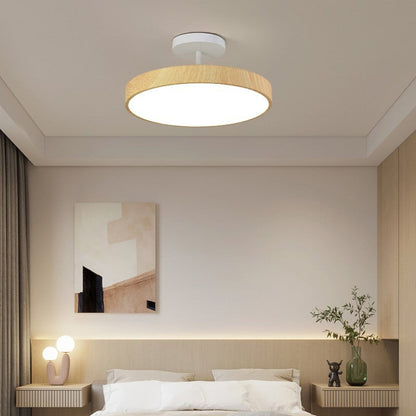 Round Iron Ceiling Light with Wood Grain Finish - Integrated LED Semi-Flush for Bedroom, Living Room & Hallway