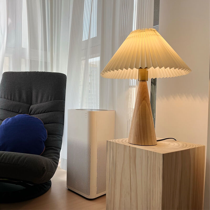 Wooden Bedside Lamp with Fabric Shade for Nightstand & Living Room Accent Lighting | 19 in Tall Asian-Inspired Design | Soft Glow E26 Base