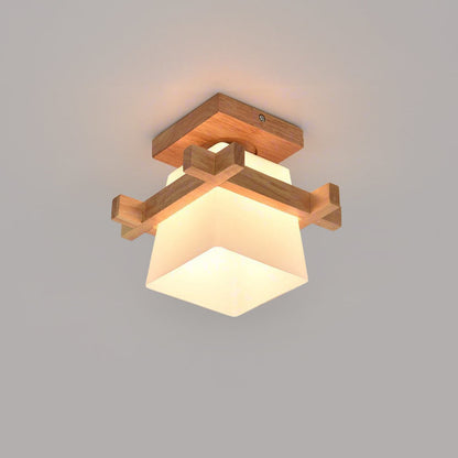 Square Flush Mount Ceiling Light Fixture with Wood Accent, White Shade, E27 Socket for Bedroom, Hallway, Living Room, Minimalist Home Lighti