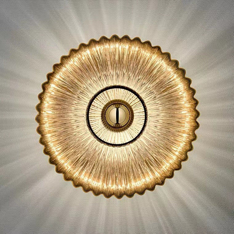 Ribbed Glass Disc Wall Light with Metal Mount | Scandi Minimalist Accent Lamp for Bedroom, Entryway & Hallway | Hardwired E26 Socket