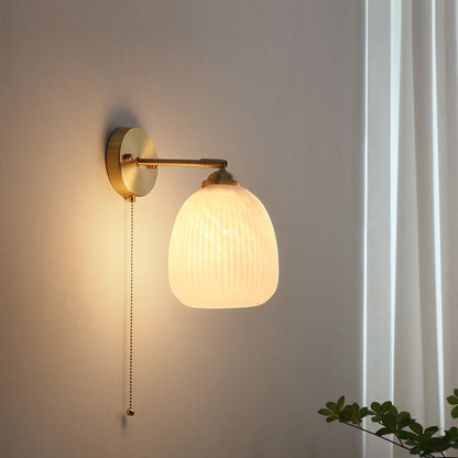 Pull Chain Wall Sconce with Striped Glass Shade – Single-Bulb Hardwired Fixture for Bedroom, Living Room, Hallway