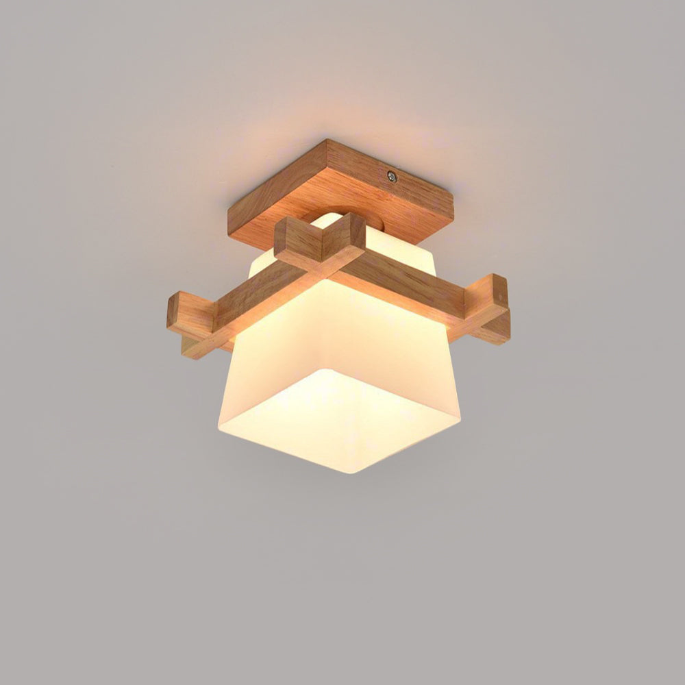 Square Flush Mount Overhead Light Fixture E27 Socket 7.9 Inch White Wood Accent for Bedroom Hallway Living Room Minimalist Scandinavian Mode