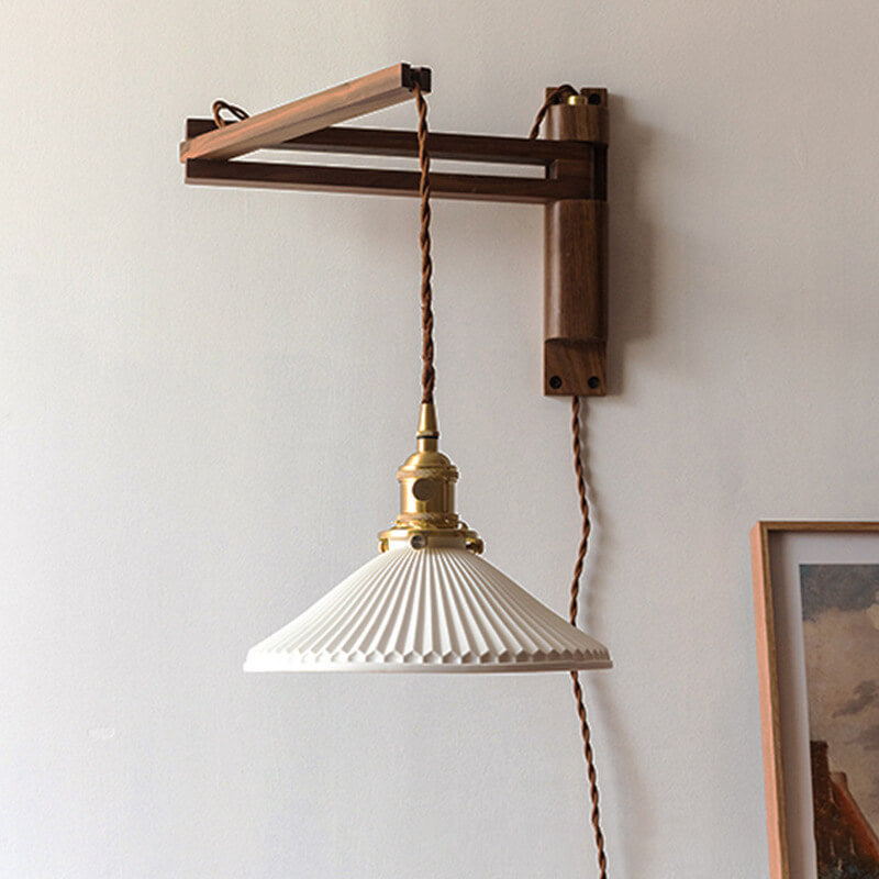 Swing-Arm Sconce with Ribbed Glass Shade 8.3 Inch Light Wood Walnut Brass Accent Fixture for Bedroom Hallway Entryway Reading Adjustable Mou